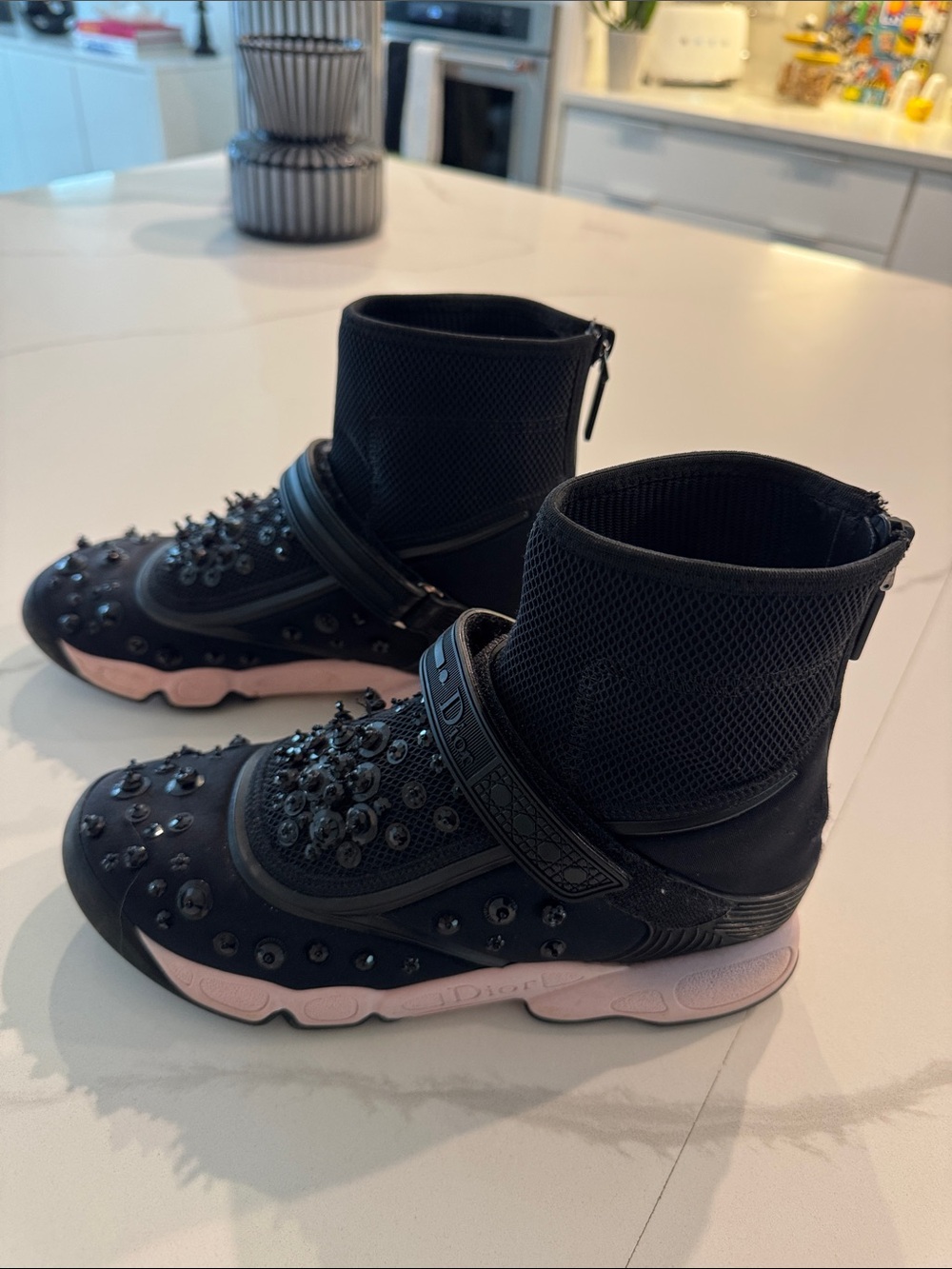 Dior Black Embellished Sock Sneakers with Pink Midsole - Picture 4 of 9